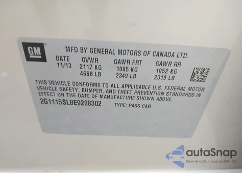 2014 Chevrolet Impala 1Lt z USA, uszkodzony, nr VIN 2G1115SL8E9208302